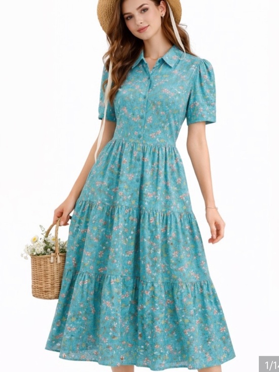 crown & ivy Dresses & Skirts - Turquoise Floral Collared Tiered Button Front Midi ShirtDress Pockets Linen Sz S